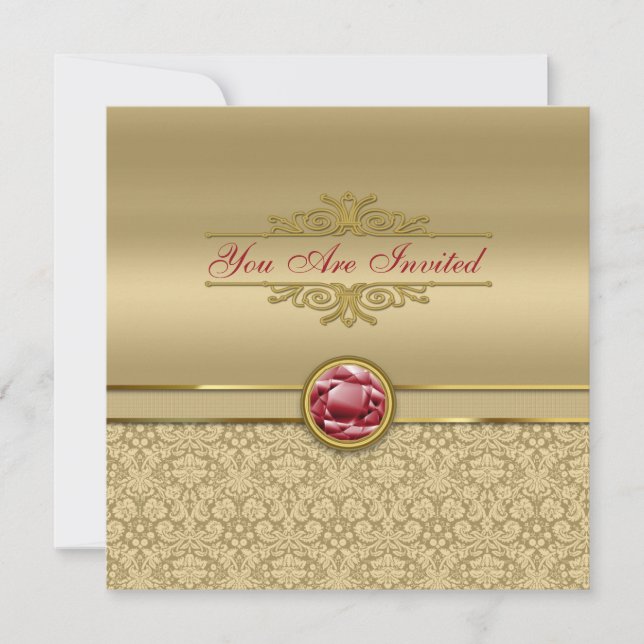 Faux Dark Ruby Red Gemstone Metallic Gold Damask Invitation (Front)