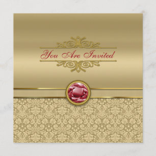 Faux Dark Ruby Red Gemstone Metallic Gold Damask Invitation