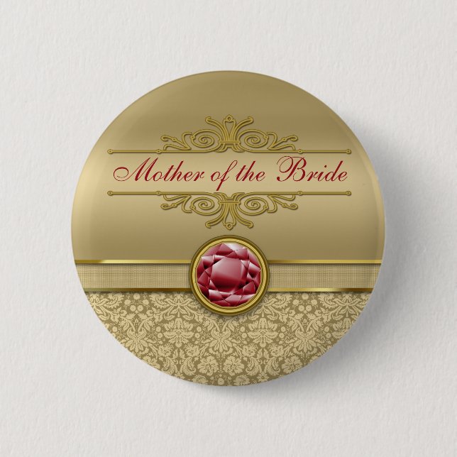 Faux Dark Ruby Red Gemstone Metallic Gold Damask Pinback Button (Front)