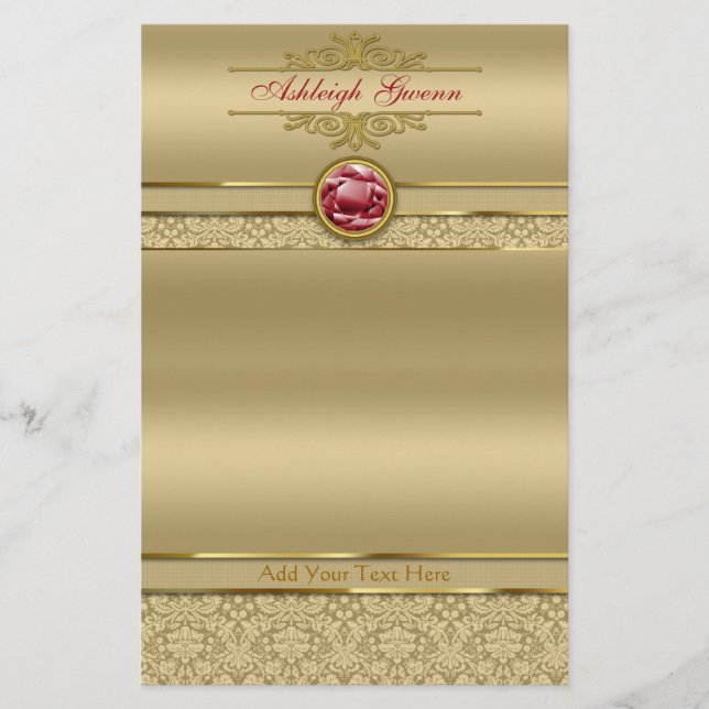 Faux Dark Ruby Red Gemstone Metallic Gold Damask Stationery (Front)