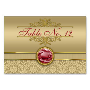 Faux Dark Ruby Red Gemstone Metallic Gold Damask Table Number