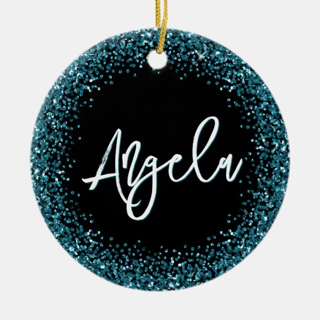 Faux Dark Teal Glitter Black Photo Ceramic Ornament (Front)