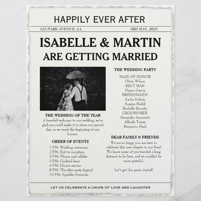 Faux Deckle-Edge Black and White Newspaper Wedding Flyer (Front)