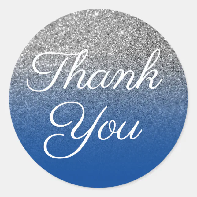 Faux Deep Blue Silver Glitter Thank You Classic Round Sticker Zazzle