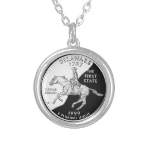 Faux Delaware State Quarter Round Silver Plated Necklace