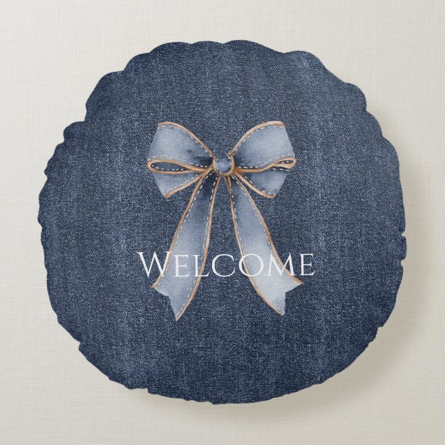 Faux Denim Blue Jean Bow Round Pillow (Front)