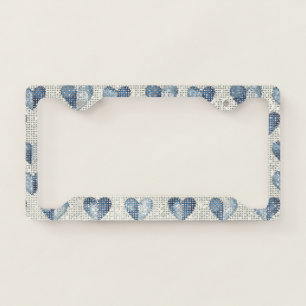 Faux Denim Blue Jean Cream Hearts Sparkle License Plate Frame