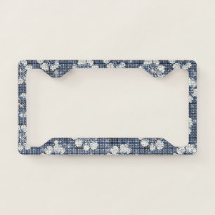 Faux Denim Blue Jean Flowers Sparkle License Plate Frame