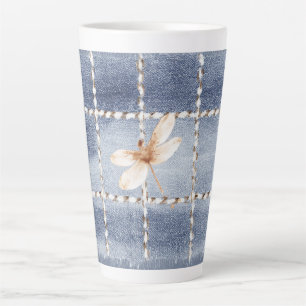 Faux Denim Blue Jeans Coffee Cream Dragonfly Latte Mug