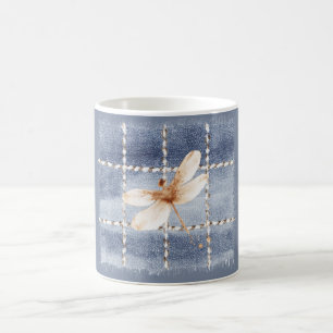 Faux Denim Blue Jeans Coffee Cream Dragonfly Mug
