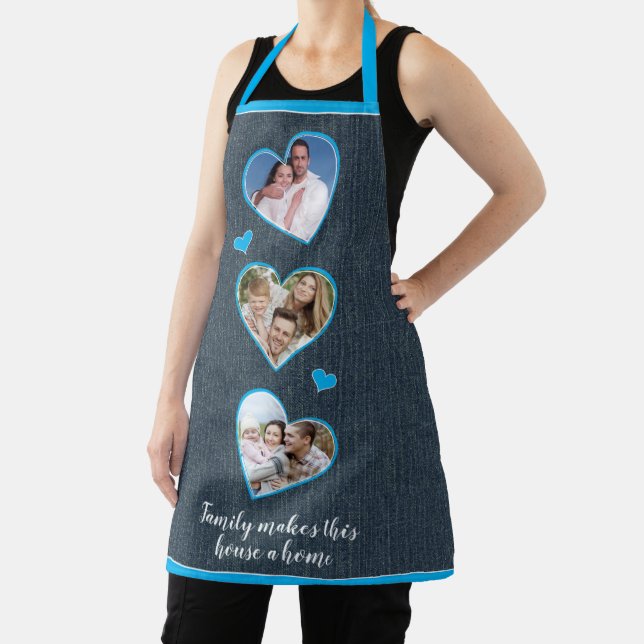 Faux Denim Blue White Family Photo Template Apron (Insitu)