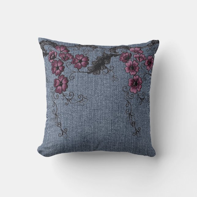 *~* Faux Denim Hand stitched Flowers Throw Pillow (Front)