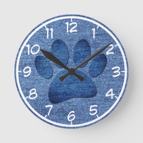 Faux Denim Jeans Dog Paw Print Round Clock