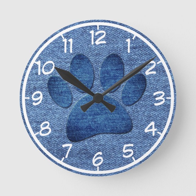 Faux Denim Jeans Dog Paw Print Round Clock (Front)