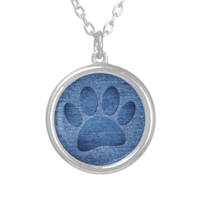 Faux Denim Jeans Dog Paw Print  Silver Plated Necklace (Front)