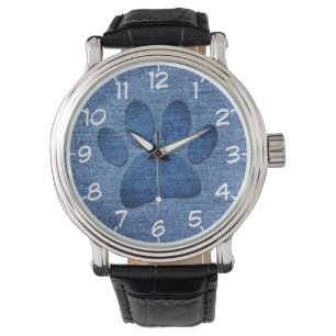 Faux Denim Jeans Dog Paw Print Watch