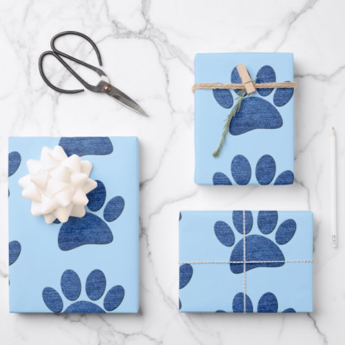 Faux Denim Jeans Dog Paw Printed Texture Wrapping Paper Sheets