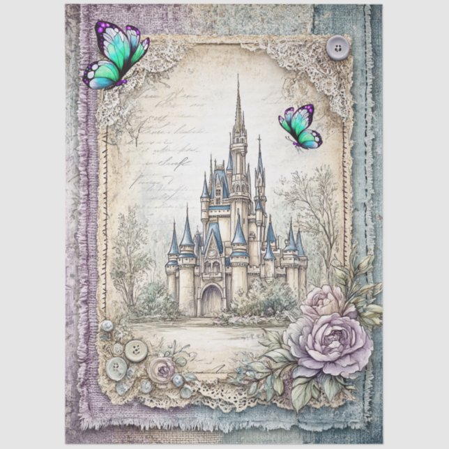 Faux Denim & Lace Fantasy Castle Decoupage Tissue Paper (Front)