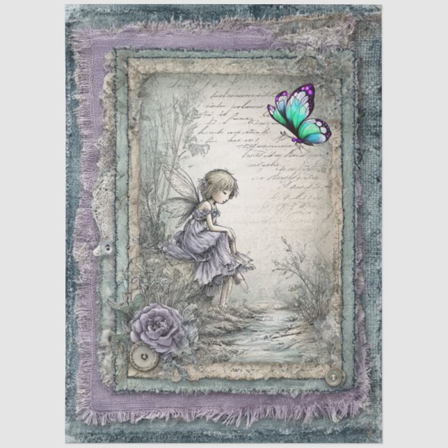 Faux Denim & Lace Fantasy Fairy Decoupage Tissue Paper (Front)