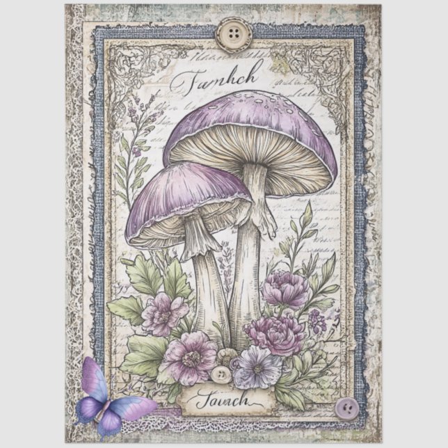 Faux Denim & Lace Fantasy Mushroom Decoupage Tissue Paper (Front)