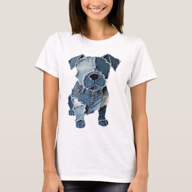 Faux Denim Patchwork Dog T-Shirt (Front)