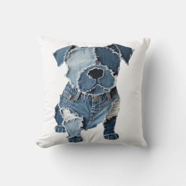Faux Denim Patchwork Dog Throw Pillow (Front)