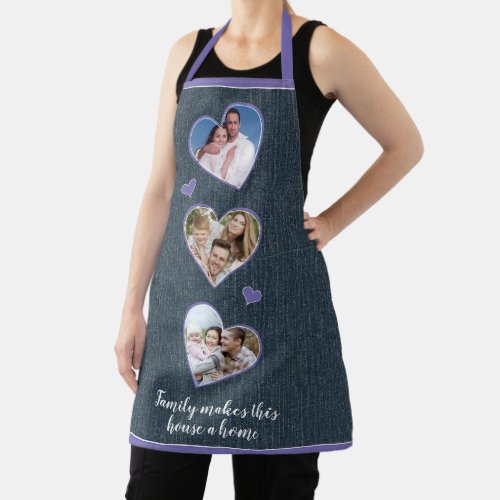 Faux Denim Purple White Family Photo Template Apron