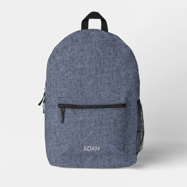Faux Denim Texture Navy Blue Printed Backpack (Front)