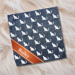 Faux Denim White Sitting Cats Bandana<br><div class="desc">Faux denim blue jean material with white sitting cats silhouette pattern. Red orange banner on diagonal. Personalize it with a name!</div>