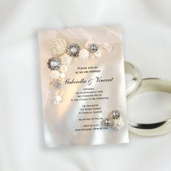 Faux Diamond And White Pearl Buttons Wedding Invitation by loraseverson at Zazzle