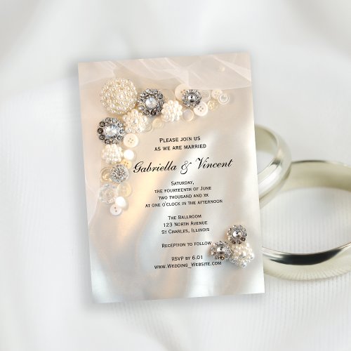 Faux Diamond and White Pearl Buttons Wedding Invitation