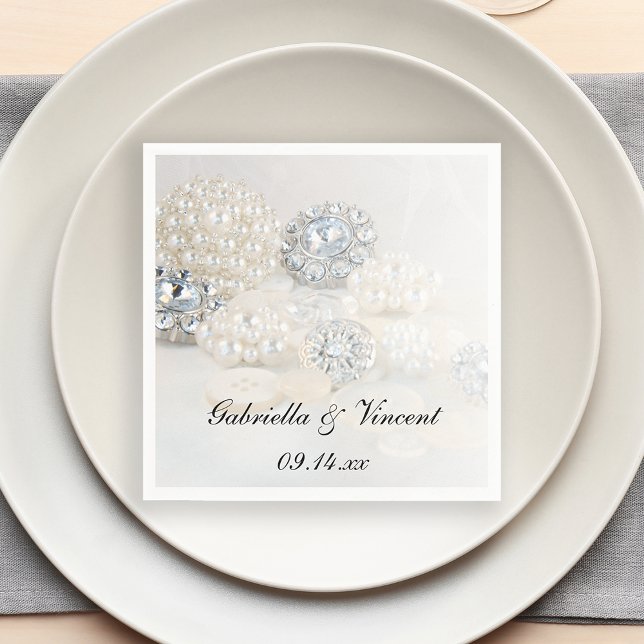 Faux Diamond and White Pearl Buttons Wedding Paper Napkins (Creator Uploaded)