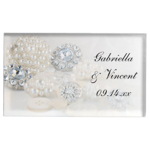 Faux Diamond and White Pearl Buttons Wedding Table Card Holder