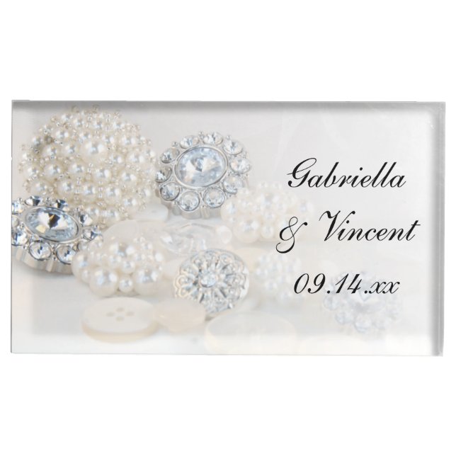 Faux Diamond and White Pearl Buttons Wedding Table Card Holder (Front)