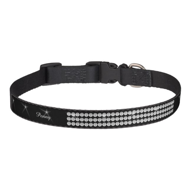 Faux Diamond Glitter Black Add Name monogram Pet Collar (Front)