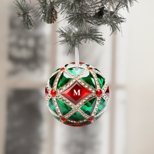 Faux Diamond Red Green Vintage Jewel Gem Initial Metal Ornament
