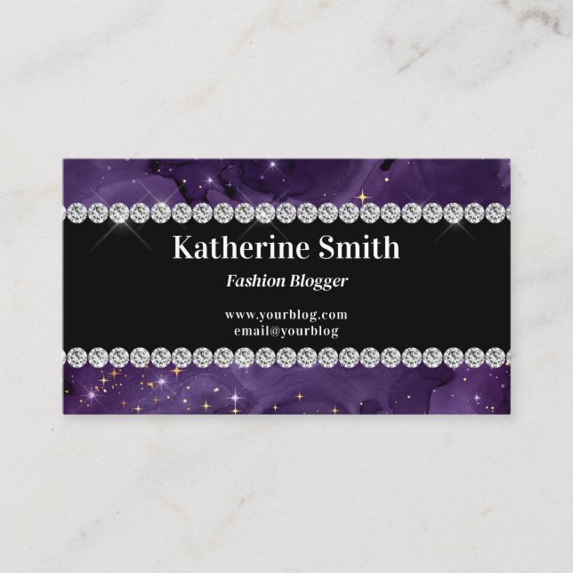 Faux Diamond Rhinestone Purple Celestial Business Card (Front)