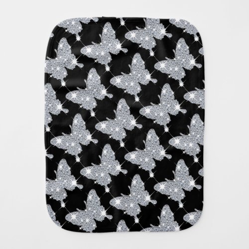 Faux diamond sparkle butterfly pattern on black baby burp cloth