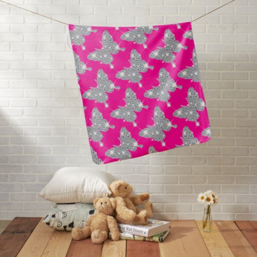 Faux diamond sparkle butterfly pattern on hot pink baby blanket