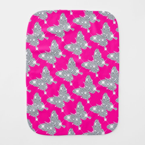 Faux diamond sparkle butterfly pattern on hot pink baby burp cloth