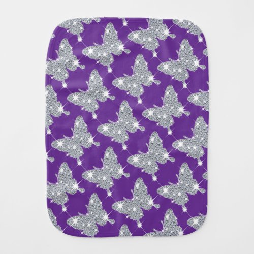 Faux diamond sparkle butterfly pattern on purple baby burp cloth