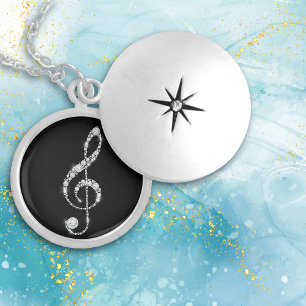 Faux Diamond Treble Clef on Black Music Locket Necklace
