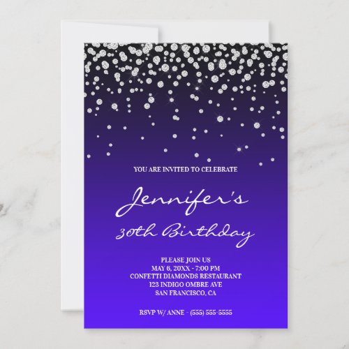 Faux Diamonds Black Indigo Ombre 30th Birthday Invitation