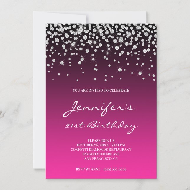 Faux Diamonds Black Pink Gradient 21st Birthday Invitation (Front)
