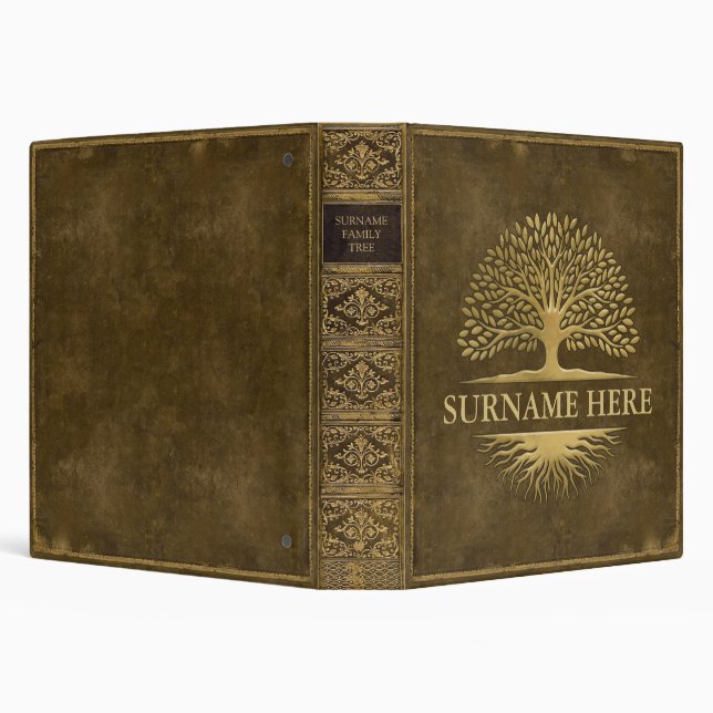 Faux Distressed Gold Green Leather Family Tree 3 Ring Binder (Background)