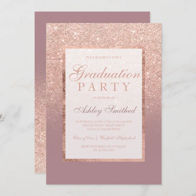 Faux Dusty Rose Gold Glitter Graduation Party Invitation Zazzle 7307