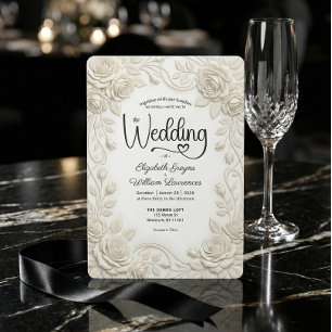 Faux Embossed 3D Cream Rose Bas Relief Wedding  Invitation