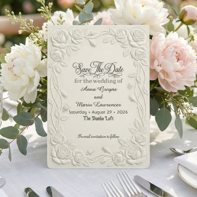 Faux Embossed 3D Floral Cream Relief Effect Save The Date (Creator Uploaded)