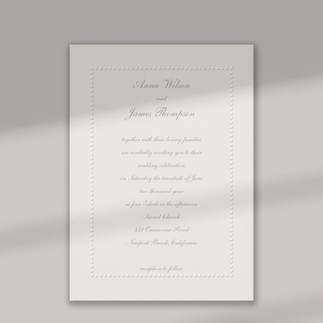 Faux Embossed Beaded Frame Ecru Formal Wedding Invitation (formal wedding invitation faux embossed beaded frame classic traditional elegant black tie simple)