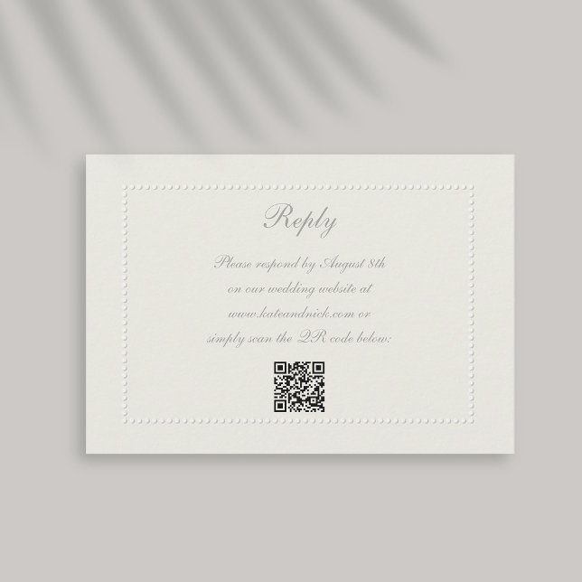 Faux Embossed Beaded Frame Ecru Reply Wedding QR RSVP Card (formal wedding reply card qr code response faux embossed beaded frame ecru linen classic)